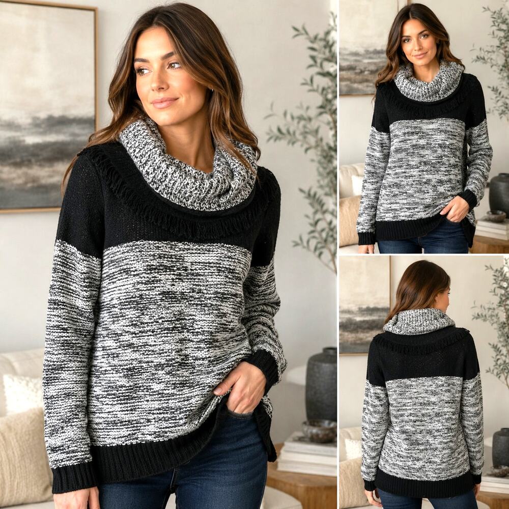 Camayeu Mohair Blend Cowl Neck Fringe Sweater Black Gray Marled Size M